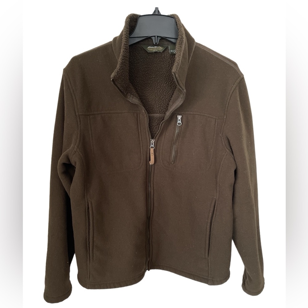 Eddie Bauer Men’s Ribbed Zip Jacket Sherpa Lined Size M Olive Grn/Brown Pockets